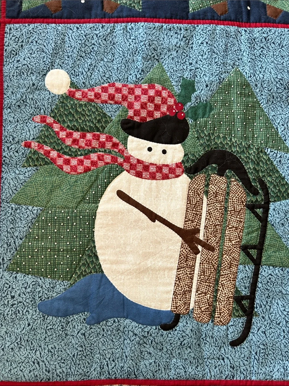 Handcrafted Holiday Snowman Quilt Wall Hanging - Red, Green, Blue